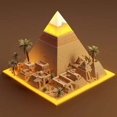 IsometricDesert, brown background, vase, night, glowing, floating island, yellow background, 3d, three pyramids, ladder, fire <lora:IsometricDesertXL:1>,