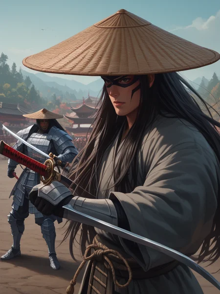 score_9, score_8_up, score_7_up, <lora:Straw_Hat-000006:1>, strawhat, conical hat, 1boy, a heavily armored samurai with shoulder armor and a straw hat, holding a giant katana sword in both hands, ready to fight, asian, long hair, low braid, roninwarriors, samurai mask, (monolid:1.3), <lora:Ronin_Warriors-000008:.65>