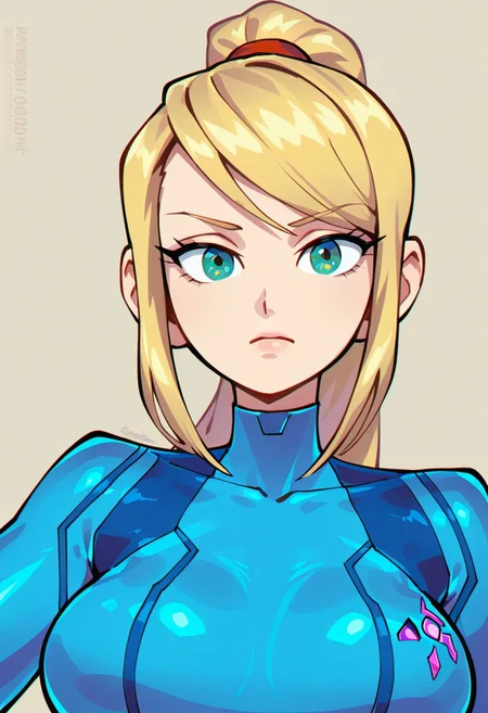 {{masterpiece,best quality,amazing quality,absurdres}}, {{flat shading, cel shading}}
BREAK
1girl, solo, upper body, simple background, portrait, looking at viewer, samus aran, breasts, blue zero suit
