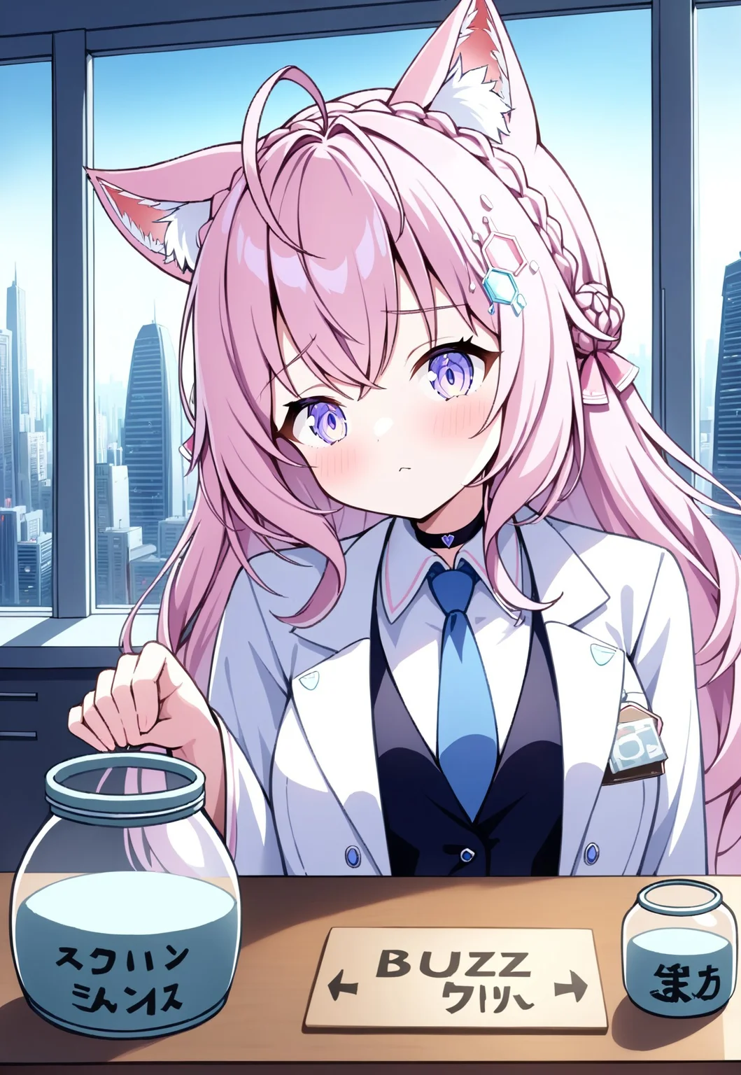 best quality, absurdres, recent, portrait, pastel colors,
1girl, adult, tall female, hakui koyori, hololive, wolf ears, ahoge, crown braid, wolf tail, purple eyes, black business suit, white labcoat, blue necktie
bar, countertop, window, cityscape, indoors,tipping jar, sign, text:"Buzz Jar"