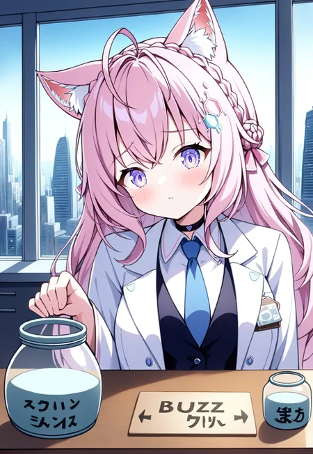 best quality, absurdres, recent, portrait, pastel colors,
1girl, adult, tall female, hakui koyori, hololive, wolf ears, ahoge, crown braid, wolf tail, purple eyes, black business suit, white labcoat, blue necktie
bar, countertop, window, cityscape, indoors,tipping jar, sign, text:"Buzz Jar"
