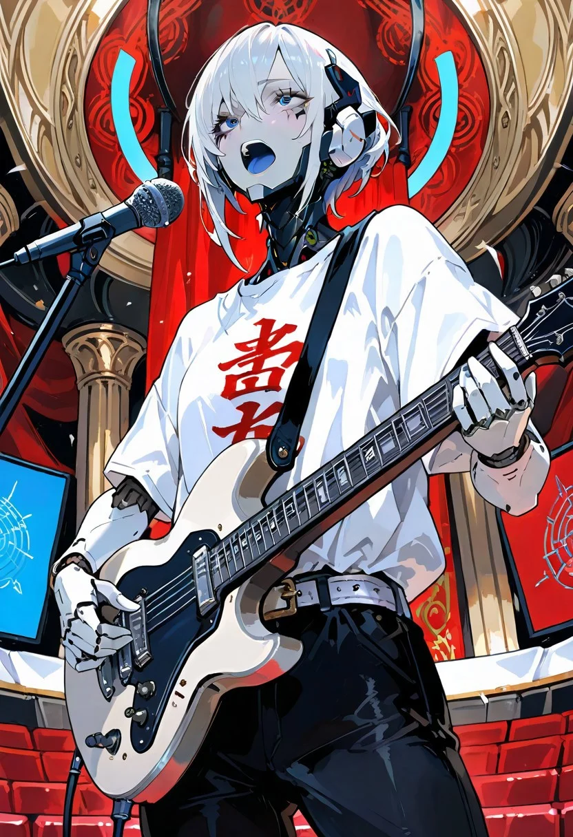 Expressiveh, (masterpiece, ultra detailed, best quality:1.2, highly detailed skin:1.2, highly detailed), score_9, score_8_up, score_7_up, score_6_up, 8k, best quality, beautiful girl, 1girl, perfect eyes, blue eyes, intricate patterns, solo, robot, eye contact, looking at viewer, opera, detailed face, white t-shirt, black pants, belt, loose clothes, microphone, playing guitar, singing, cowboy shot, 748cmstyle, robot face, robotic face, dynamic pose, concert, hairless, screaming, piercing eyes eyes