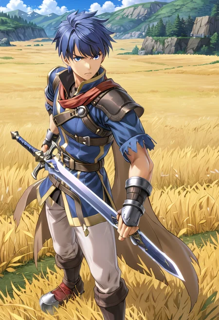 <lora:IKEFEXL:.9> IKEFEXL, 1boy, man, standing in a field, blue hair, blue eyes, weapon, sword, (anime, masterpiece, intricate:1.3), (best quality, hires textures, high detail:1.2), (4k),(incredibly detailed:1.4),UHD, 8K, ultra detailed