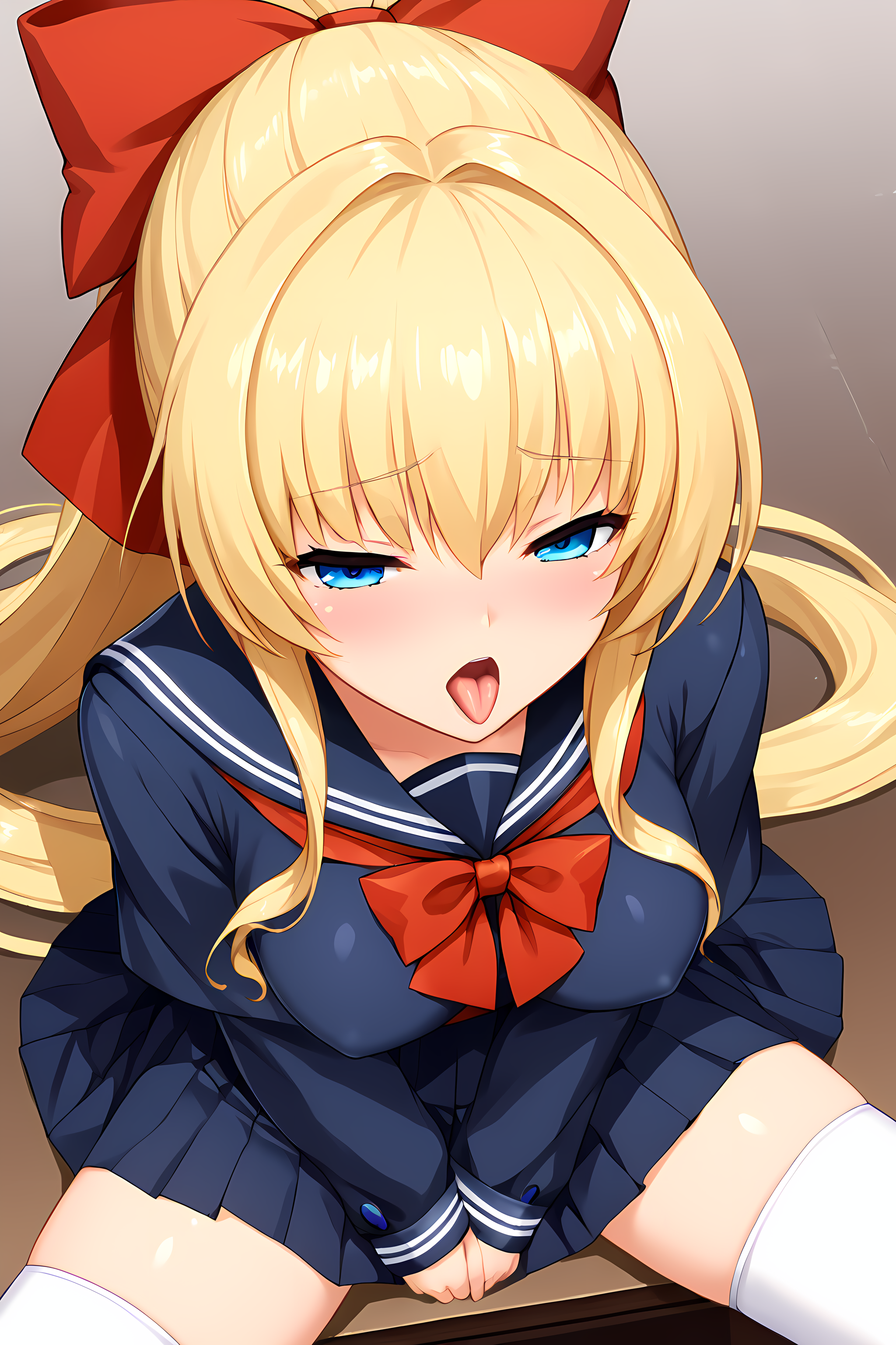 half closed eyes,open mouth,in heat,horny,tongue,schooluni,blue school uniform,ries,1girl,breasts,dress,long hair,large breasts,blonde hair,blue eyes,blush,hair bow,red bow,zettai ryouiki,ponytail,pleated skirt,school uniform,serafuku,white thighhighs,simple background,from above,sitting,spread legs,<lora:EXSTIA-Chevalier-000006:1>,, score_9, score_8_up, score_7_up,source_anime,(masterpiece),(best quality),(ultra-detailed),(best illustration),(best shadow),(absurdres),(detailed background),(very aesthetic),