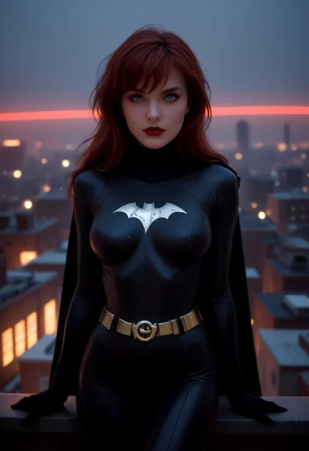 score_9, score_8_up, score_7_up, photo, vintage photo, 90's, 1990's, retro, medium shot, sexy pose, sexy skinny woman, playful expression, youthful face, 18 years old, medium breasts, barbara gordon, long hair, red hair, blue eyes, bodysuit, cape, gloves, belt, bangs, bat symbol on bodysuit, silver metal bat symbol on chest, batman logo on chest, outside, beckoning to viewer, on roof of a skyscraper, gothic modern city at midnight, full moon, moon, vibrant neon signs, lit gothic new york skyscrapers, gargoyles, amazing lighting, sensual lighting, red ambient light, intense rim lighting, heavy glow on hair, heavy glow on bodysuit, heavy shadows, bokeh