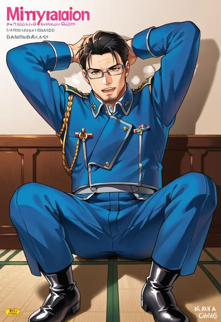 safe_pos, safe_pos, (Aaaild, Aaadjd, manga cover, magazine cover, text) source_anime, safe_pos, perfect anatomy, perfect proportions, best quality, masterpiece, high_resolution, high quality, solo focus, male focus, male only, bara, gay, homo, mature, masculine, manly, virile, macho, hunky, rugged, beefy, middle-age, daddy, dilf, handsome, alluring, seductive, heroic, serious, grim, stern, unsociability, bluntness, gruffness, naughty face, moaning, dazed, looking away, focusing gaze, BREAK mature man, hazel eyes, black hair, sideburns, facial hair, chinstrap stubble, jawline stubble, rectangular glasses BREAK (blue military uniform, boots, blue pants, black footwear, long sleeves, aiguillette, blue jacket), BREAK sitting on floor, lying on back, relaxed pose, leaning slightly, one knee bent upward, legs spread, hands behind head, contemplative expression, horny, kinky, domination, heavy breathing, enticed, shading, countershading, indoors, dark atmosphere, elegant room, military office