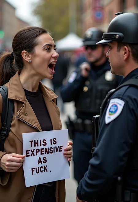 A photo of a woman yelling to officers with a poster that says "THIS IS EXPENSIVE AS FUCK"