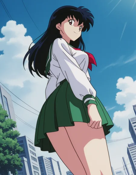 official style,Higurshi kagome (2000s anime analog),retro artstyle,black hair,long hair,bangs,brown eyes,school uniform,serafuku,green sailor collar,red neckerchief,white shirt,green pleated skirt,1girl,
(from below:2.5),(from side:2),
looking at viewer,
medium large breasts,
perky breasts,explicit,hair between eyes,(bold:3.12),thick outline,black outline,harsh lines,soft lines,deluster,boldline,curvy,slim,(hat:-1),
light smile,
dutch angle,(anime screencap),(anime coloring:1.2),anime screenshot, animated painting, animated gif,2d cel anime,anime cap,anime,anime style,anime cel,Cel shading,cel shaded,soft brightness,perfect face,perfect nose, perfect hair, perfect eyes,perfect female body,perfect skin,a face of perfect proportion,perfect lighting,perfect anatomy,perfect proportion,perfect hands,perfect legs,perfect fingers,masterpiece,super fine illustration,best quality,very aesthetic,absurdres,16k,intricate detail,amazing quality,detailed linework,vibrant colors,kawaii,flat color,city,day,sky,cloud,
<lora:ç¬å¤åæ¥æ®ããã2000年代ã¢ãã¡ã¢ããã°ä½ç»é¢¨illustriousInuyashaHigurashi_Kagome2000s_anime_analog_painting_Styleillustrious:1:0.8>