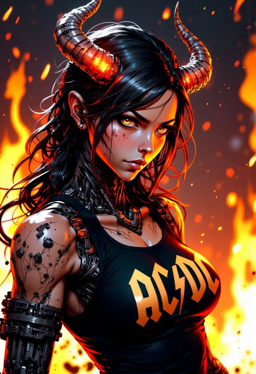 masterpiece, portrait of a very sexy looking female cyber-robot looking straight at the camera, menacing look with glowing eyes, her mouth forms a grin, upper "lip" is lifted, two red glowing devlish horns on her forehead, sexy face, beautiful face, she wears a sexyy Mini Crop Tank Top with the iconic AC/-DC-logo, the t-shirt barely covers her "breasts, very sexy bombshell, background with fire, huge flames, hellfire