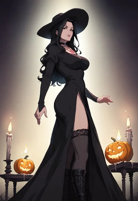 safe_pos, safe_pos, score_9, score_8_up, score_7_up, score_6, ultra detailed, side view, whr0b1n
BREAK
A witch in a long black dress stands by a altar in the forest. her long hair catches the night breeze moving through the ancient forest. magic bats fly in the air. a pentagram glows on the ground below her. she places a skull gently on a stone altar. candles and crystals cover the altar.
BREAK
 minomi, one beautiful girl, yen_w3, mature female, femme fatal, milf, perfect hands, brown eyes, long black hair, pentagram necklace, black thighhighs, lace thighhighs, thick, curvy, reij-bewitched, black dress, black choker, black boots, black stockings, black hat, pumpkins, glowing jack_o_lantern,