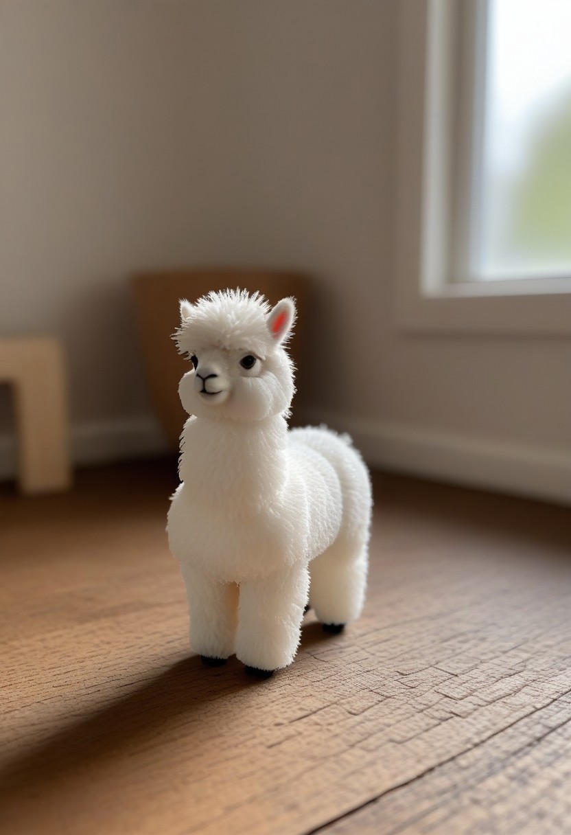 a fluffy miniature alpaca in 3d printed house