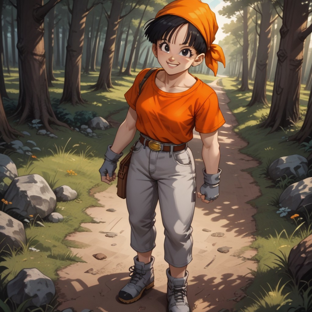 score_9, score_8, BREAK, solo, Pan_(Dragon_Ball_GT), 1girl, black hair, adorable face, cute face, black eyes, cute eyes, orange bandana, short sleeves, red crop top, grey jeans, grey fingerless gloves, grey shoes, self portrait, smile, looking at viewer, outdoors, sunlight, shadows, evening lighting, natural lighting, forest, trees, grass, orange sky, sunset
