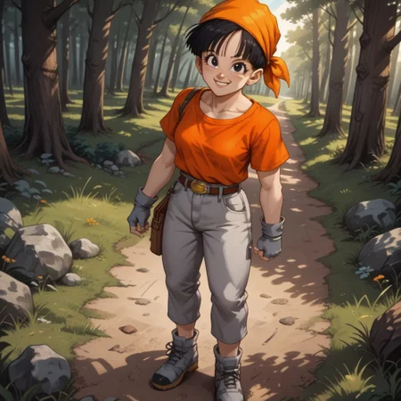 score_9, score_8, BREAK, solo, Pan_(Dragon_Ball_GT), 1girl, black hair, adorable face, cute face, black eyes, cute eyes, orange bandana, short sleeves, red crop top, grey jeans, grey fingerless gloves, grey shoes, self portrait, smile, looking at viewer, outdoors, sunlight, shadows, evening lighting, natural lighting, forest, trees, grass, orange sky, sunset