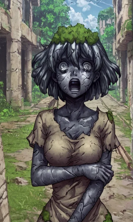 score_8_up, score_7_up, source_manga, rating_questionable, st0n3w0rld, turned to stone, stone statue, girl, scared expression, decayed clothing, cracks, growing moss, crumbling, plant growing, outdoors <lora:Petrification_-_Stone_World_-_Dr_Stone:0.8>