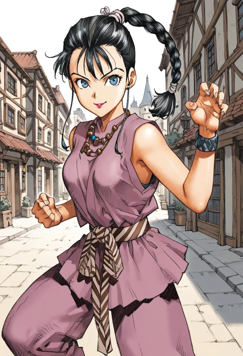 score_9,score_8_up,score_7_up,source_anime,5_figner,2d_animation,game cg,BREAK,1girl,solo,Reeshine,lipstick,single braid,blue eyes,long hair,black hair,jewelry,dougi,necklace,
medium breasts,
front view,cowboyshot,looking at viewer,
smile,fighting stance,
Outdoor,old,town,fantasy,
masterpiece,best qualit,ultra-detailed,illustration,an extremely delicate and beautiful,beautiful detailed eyes,unity 8k wallpaper,high resolution,anime CG,official_art,