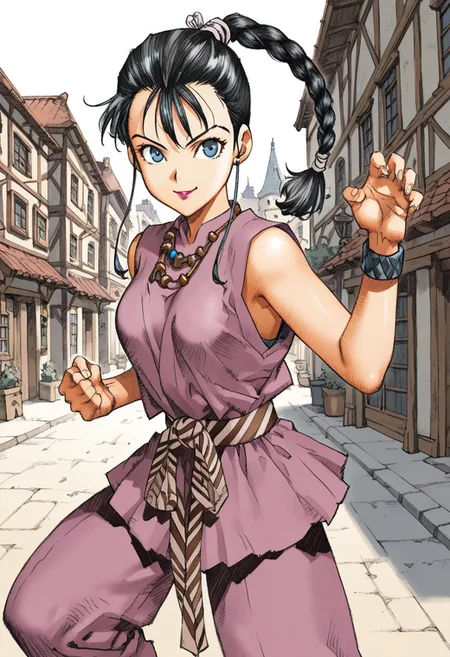 score_9,score_8_up,score_7_up,source_anime,5_figner,2d_animation,game cg,BREAK,1girl,solo,Reeshine,lipstick,single braid,blue eyes,long hair,black hair,jewelry,dougi,necklace,
medium breasts,
front view,cowboyshot,looking at viewer,
smile,fighting stance,
Outdoor,old,town,fantasy,
masterpiece,best qualit,ultra-detailed,illustration,an extremely delicate and beautiful,beautiful detailed eyes,unity 8k wallpaper,high resolution,anime CG,official_art,