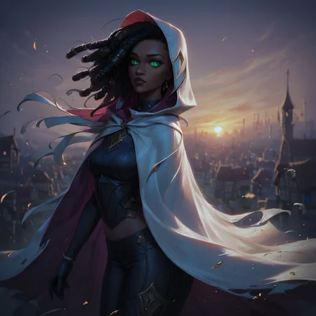(((beautiful, hyper realistic, high quality))), portrait, score_9, score_8_up, score_7_up, realistic,
1girl, dark skin, green eyes, black dreadlock, black top, long black gloves, white hooded cape, black pants,
town background, dark background, sunset, cinematic light, dramatic light, Wind, particles, depth of field