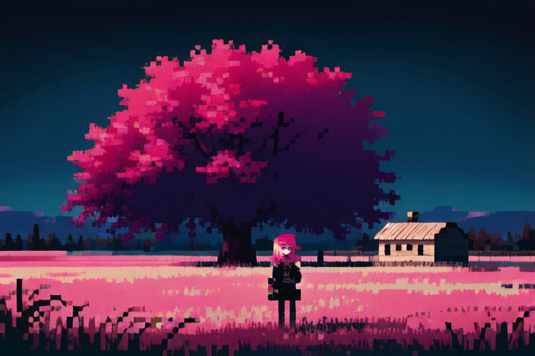 (otherworldly), highly insanely detailed, masterpiece, top quality, best quality, highres, 4k, 8k, RAW photo, (very aesthetic, beautiful and aesthetic), farm, fields, barn, fence, fantfa, <lora:FantasyFarm-10:0.3>, 
1girl, 
(neon pink hair ,gradient hair,colored inner hair), 
(dark background),âââ