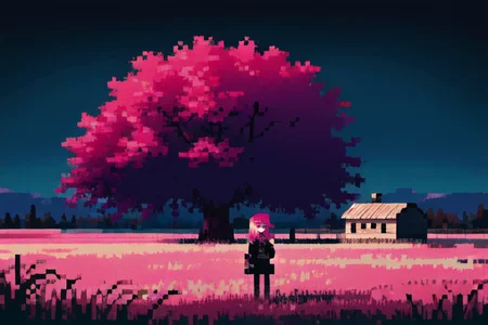(otherworldly), highly insanely detailed, masterpiece, top quality, best quality, highres, 4k, 8k, RAW photo, (very aesthetic, beautiful and aesthetic), farm, fields, barn, fence, fantfa, <lora:FantasyFarm-10:0.3>,
1girl,
(neon pink hair ,gradient hair,colored inner hair),
(dark background),âââ