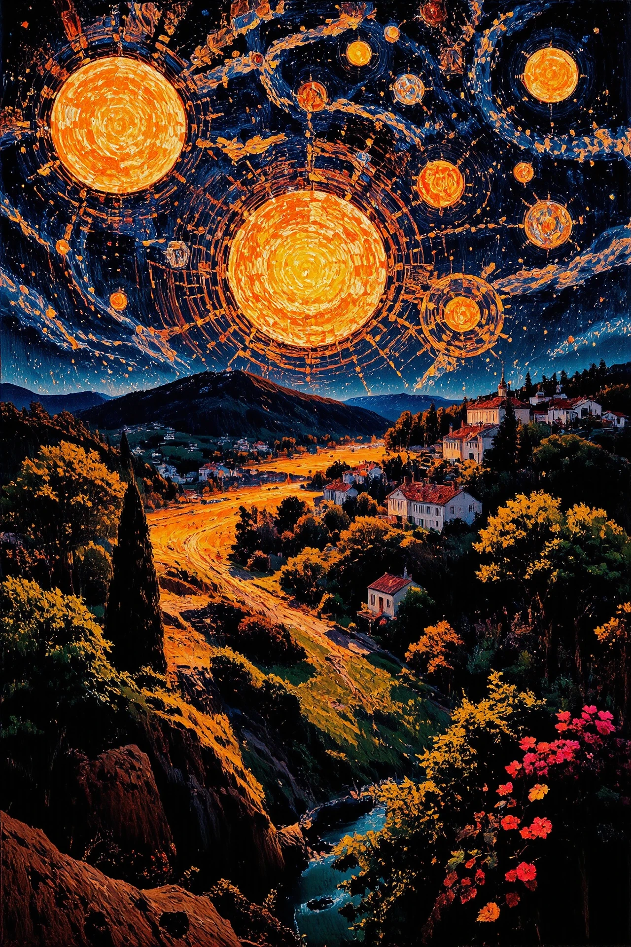 (roman city) Gabonese bright luminous starry night, beautiful landscape, woman, intricate, very detailed, sharp, colorful, multilayer surreal painting,  <lora:Hand v2:1> <lora:Anti-Blur:1> <lora:Insane Detail Slider:0.5>   <lora:Flux.1_Turbo_Detailer:0.6> <lora:flux-photo-transparent_Alpha_1.0:0.8> <lora:flux.1_lora_flyway_Epic-detail_v2:0.6> <lora:Painterly01b_CE_FLUX_AIT:1> pntrlyCE_style, <lora:VividlySurreal:0.8>
