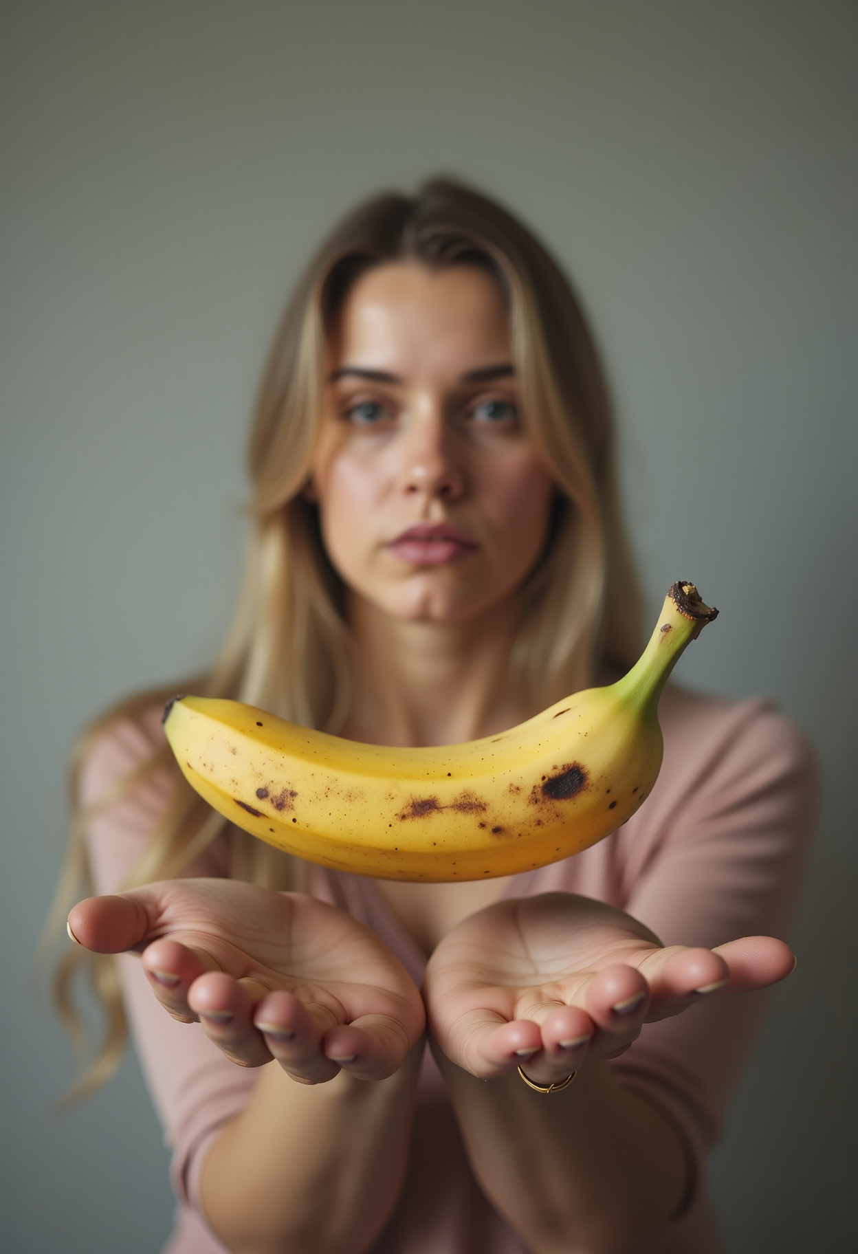 an extremely focused woman is levitating a banana between her hands <lora:Dever_Flux_Enhancer:0.5>