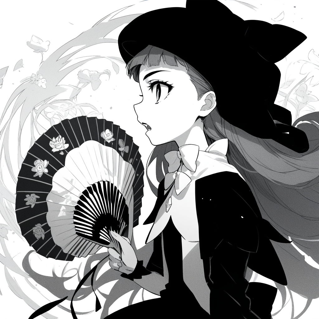 anime coloring, score_9, score_8_up, score_7_up, score_6_up, jane elves, toaru, 1girl, monochrome, greyscale, hand fan, solo, slit pupils, hat, black dress, profile, long hair, caplet, open mouth, looking at viewer, flat chest