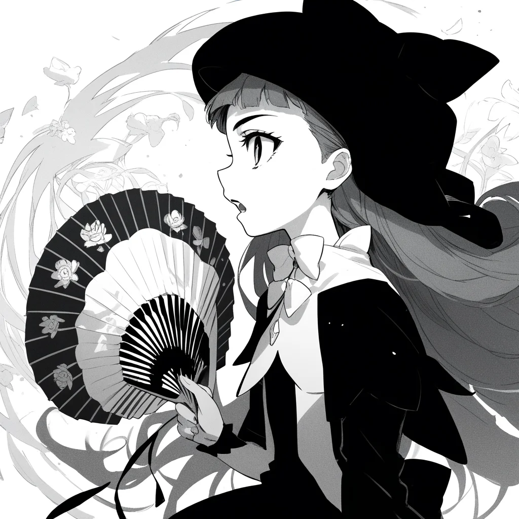 anime coloring, score_9, score_8_up, score_7_up, score_6_up, jane elves, toaru, 1girl, monochrome, greyscale, hand fan, solo, slit pupils, hat, black dress, profile, long hair, caplet, open mouth, looking at viewer, flat chest