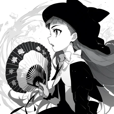 anime coloring, score_9, score_8_up, score_7_up, score_6_up, jane elves, toaru, 1girl, monochrome, greyscale, hand fan, solo, slit pupils, hat, black dress, profile, long hair, caplet, open mouth, looking at viewer, flat chest
