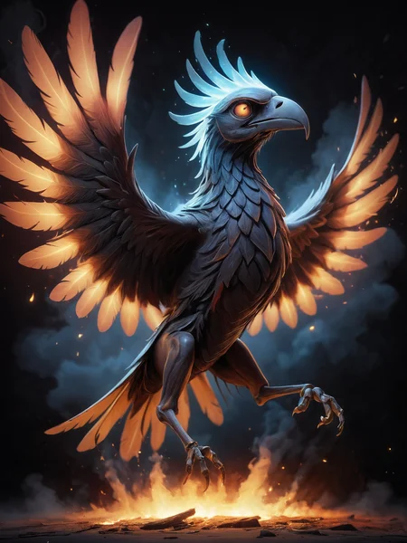 Skeletal fire infused raven flies through the night sky, behind it scatter trypophobic feathers, druidic style magic