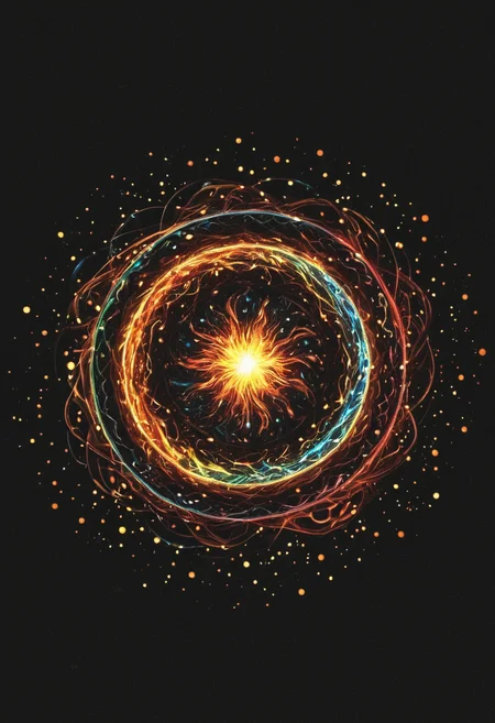 Abstract style <lora:R0k00bstr0ctHD:1>,r0k00bstr0cthd,r0k00bl0ckb0ckgr00ndhd,(shiny, fire, multicolored, black background, glowing, magic circle, aura), . Non-representational, colors and shapes, expression of feelings, imaginative, highly detailed