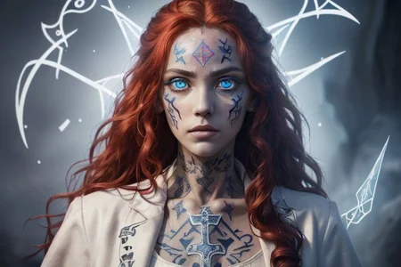 bright red hair, human female, (feminine:1.7), (beautiful face, detailed face:1.6), (beautiful eyes, detailed eyes:1.7), (looking at viewer, eye contact, intense:1.6), (long hair, red hair, curly hair:1.3), , ((masterpiece, best quality, high resolution, realistic, best quality,)), photo realistic, Perfect Face, (detailed face). <lora:GoodHands-vanilla:0.6> <lora:add-detail-xl:0.8>, mage, (Dress White military uniform coat), dagger, rune dagger, glowing runes, , (((glowing magic symbols tattoos, religious tattoos))), ((face tattoos)), glowing tattoos, stone tower in the background