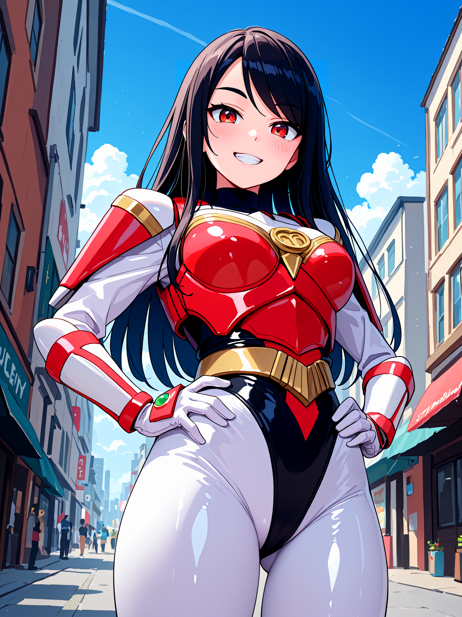 1girl, solo, sazermithras, white bodysuit, bodysuit under clothes, black neck, multicolored leotard, two-toned leotard, black leotard, red leotard, <lora:Sazer_Mithras_IL:1>, BREAK,
armor, breastplate, boobplate, shoulder armor, armored bodysuit, gold belt, arm guards, white gloves, no headwear, BREAK,
(shiny clothes:1.8), BREAK,
black hair, swept bangs, sidelocks, longhair, straight hair, (thick eyebrows:0.9), red eyes, BREAK,
blush, grin, looking at viewer, BREAK,
from below, hands on own hips, ass visible through thighs, thick thighs, BREAK,
outdoors, city, street, blue sky, cloudy sky