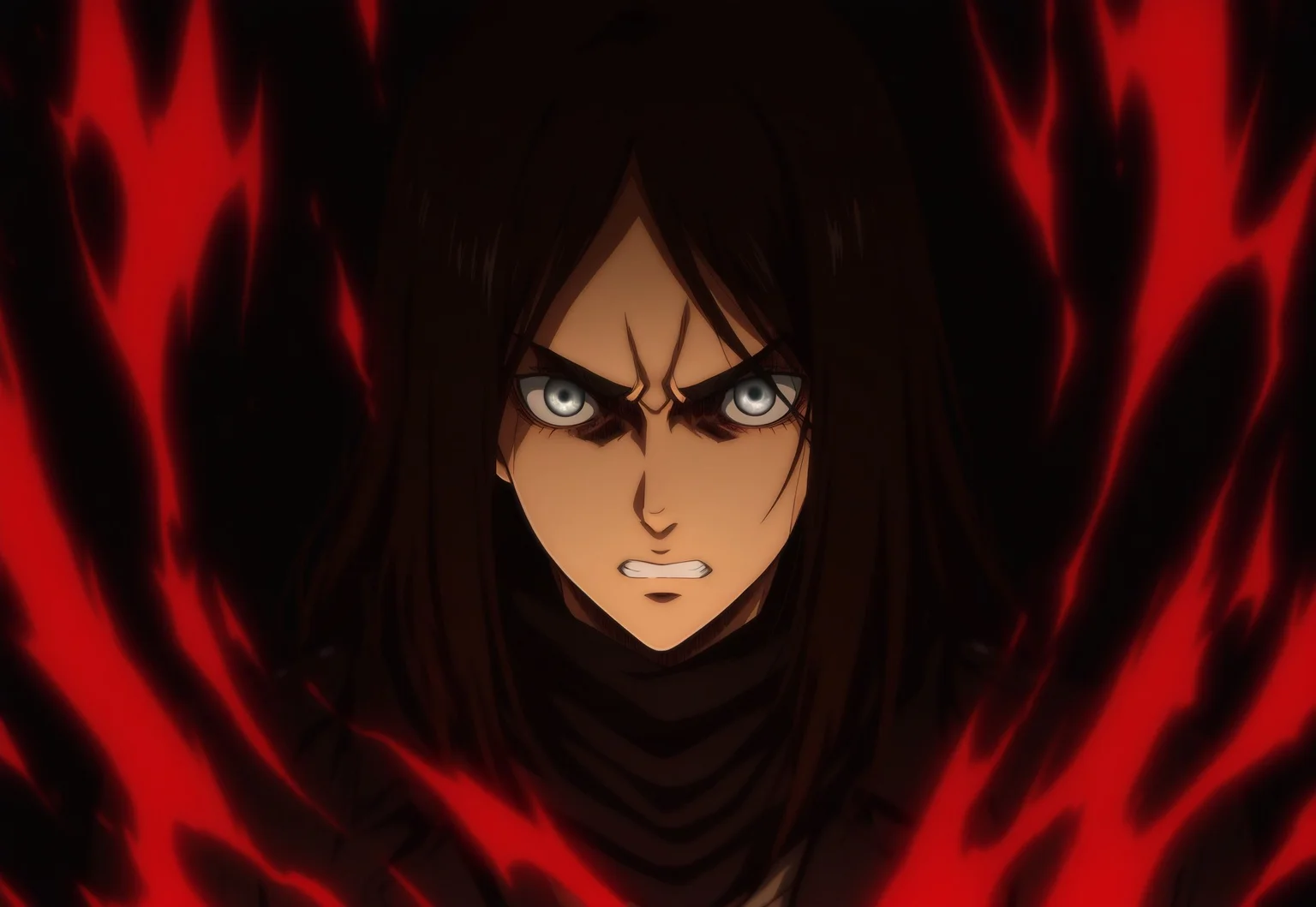 masterpiece, best quality,  anime coloring, official style, male focus, solo, attack on titan, eren_yeager_s4, long hair, gray eyes, angry, black jacket, black scarf, upper body, manevolent, hand aimed at viewer, ki, glowing red energy aura, bright