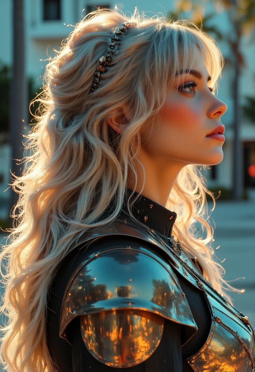 closeup side portrait of korean woman wearing fantasy leather and bronze plate armour, long messily bleached hair, bangs, with solarization Gradient style effect