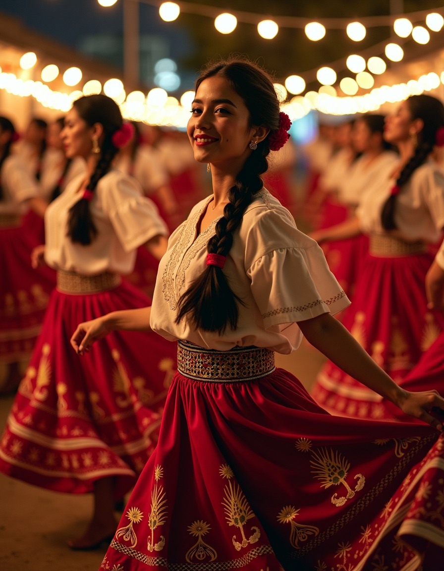 ch1n4p, traditional, Mexican folklore, full body shot, embroidery, braided hair, hair laces, ultra quality, ultra detailed, ultra realistic, ultra lighting,  cinematic, a group of Mexican women performing a traditional folkloric dance, each wearing stunning China Poblana skirts embroidered with intricate floral patterns. Their braided hair sways as they dance under the warm glow of festival lights, a mariachi band playing in the background.