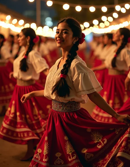 ch1n4p, traditional, Mexican folklore, full body shot, embroidery, braided hair, hair laces, ultra quality, ultra detailed, ultra realistic, ultra lighting, cinematic, a group of Mexican women performing a traditional folkloric dance, each wearing stunning China Poblana skirts embroidered with intricate floral patterns. Their braided hair sways as they dance under the warm glow of festival lights, a mariachi band playing in the background.