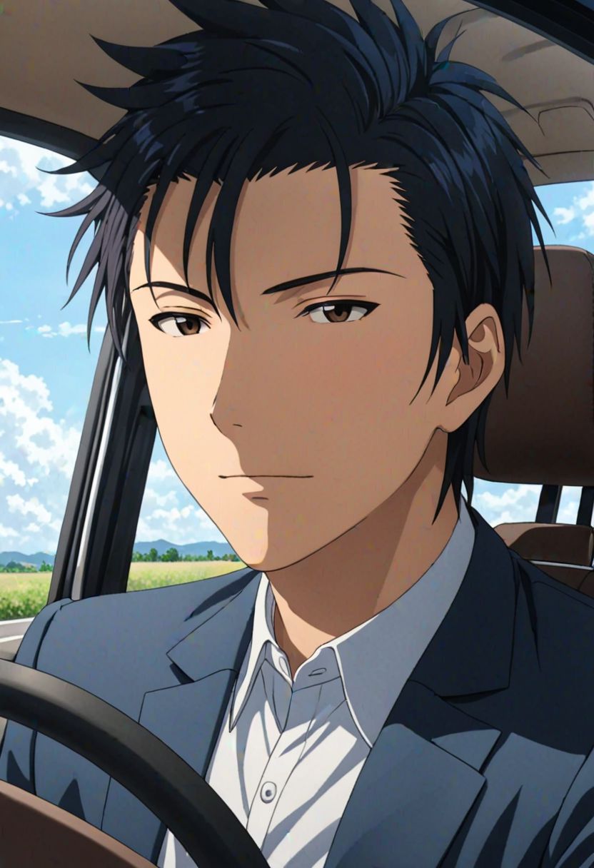 Highres, Masterpiece, High Quality, 4K, Soujiro Agata, 1boy, solo, black hair, Driving A Car, Realistic Light, potrait, Candid Photo