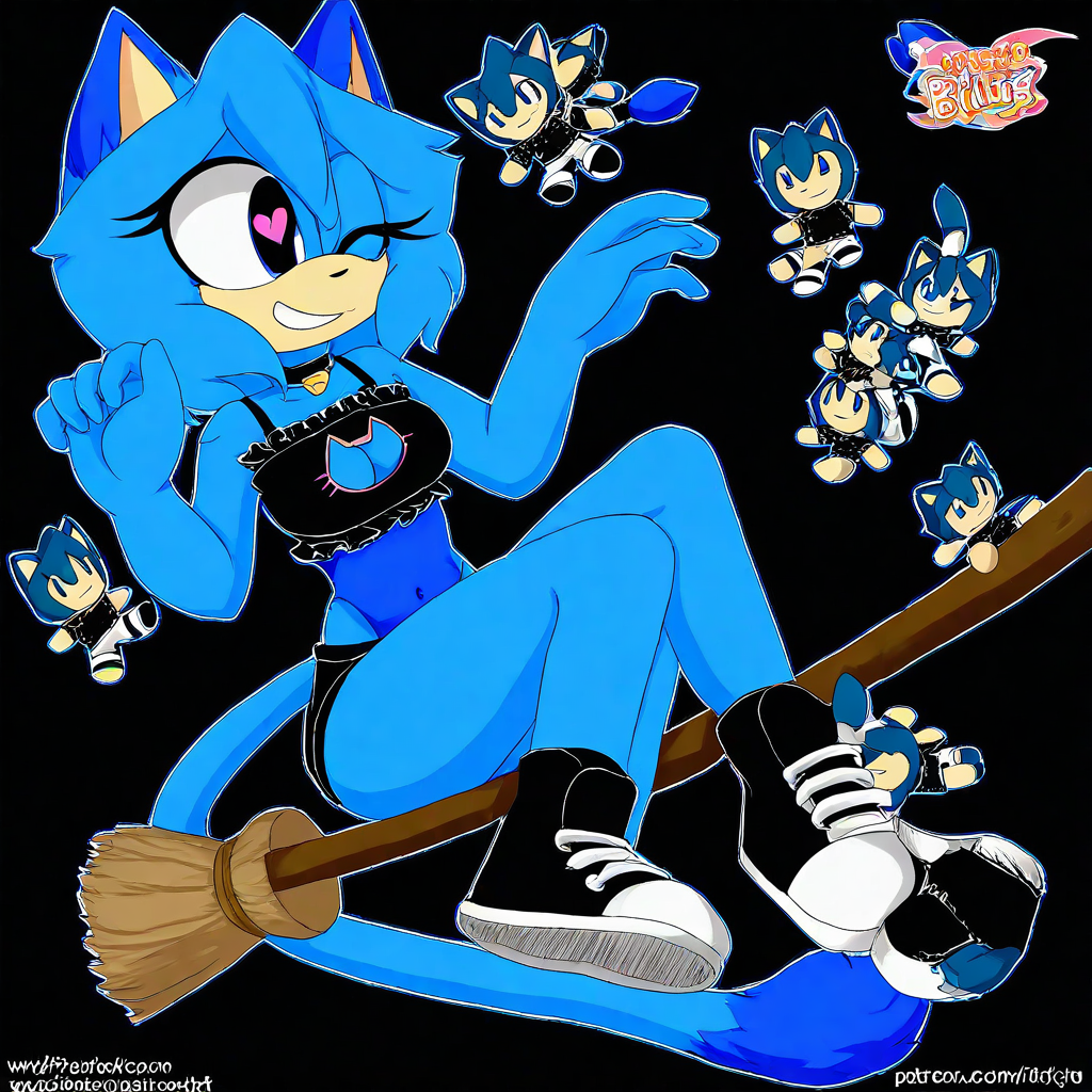 one eye closed, 1girl, outstretched arms, sleeveless, medium breasts, cat lingerie, clothing cutout, solo focus, shorts, heart-shaped pupils, panties, hands up, cleavage, logo, character doll, leotard, short hair, royal blue tail, broom riding, outline, furry female, navel, grin, parted lips, web address, sideways mouth, sitting, black background, sneakers