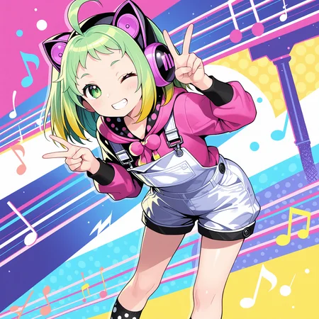 <lora:Antenna_1_nai-000041:1>,Antenna,
cat ear headphones,pink headwear,white overalls,suspenders,long sleeves,pink hoodie,polka dot legwear,socks,
1girl,solo,v,one eye closed,leaning forward,multicolored background,musical note,smile,looking at viewer,grin,