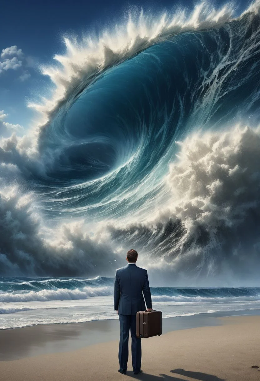 (((a man in the foreground observes a tsunami from below))), office dress, standing up on the beach, from back, office suit, spreading legs, suitcase 24 hour, solo, full body, (man view from bottom:1.4), boy focus, head back, shot in the point of view from the back of a,,
(in the background a beach under a hyper giant Tsunami:1.5), frontal Tsunami, (giant Tsunami hide the sky:1.3),
without escape, disaster, the end of the uman world, photography, dramatic photo, Hyper-realistic, 16k resolution,
award winning artwork, extreme detailed, masterpiece, photo titled "the nature's revenge",