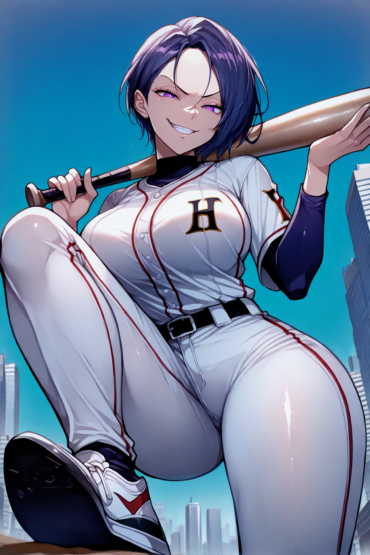 masterpiece, best quality, 1girl, solo, <lora:feshamir-illu-nvwls-v1-000005:1> dfshmr, dark blue hair, short hair, purple eyes, (big breasts:0.7), grin, looking at viewer, smug, baseball uniform, white pants, holding baseball bat over shoulder, blue sky, city, stepped on, sneakers, from below