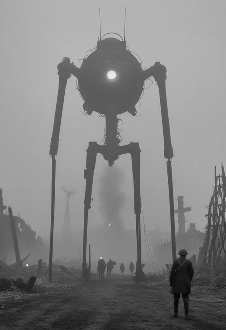 monochrome, black and white photo, old photo,blurry, low quality, old photo defects, world war 1, steam punk technology, automatons, battlefield, destroyed city,rubble, collapsed buildings, fires, artillery, Thick fog, strange shaped robots moving in the distance,massive machines in far distance,massive robots with 3 long legs , bodies,no arms, antenna, wires, consistent design,three lights ,cylindrical object protruding from the body with 3 lights on its front, looking at viewer, scary, only silhouettes, damaged robots, trench warfare, no mans land, small humans, large robots, art style of simon stalenhag