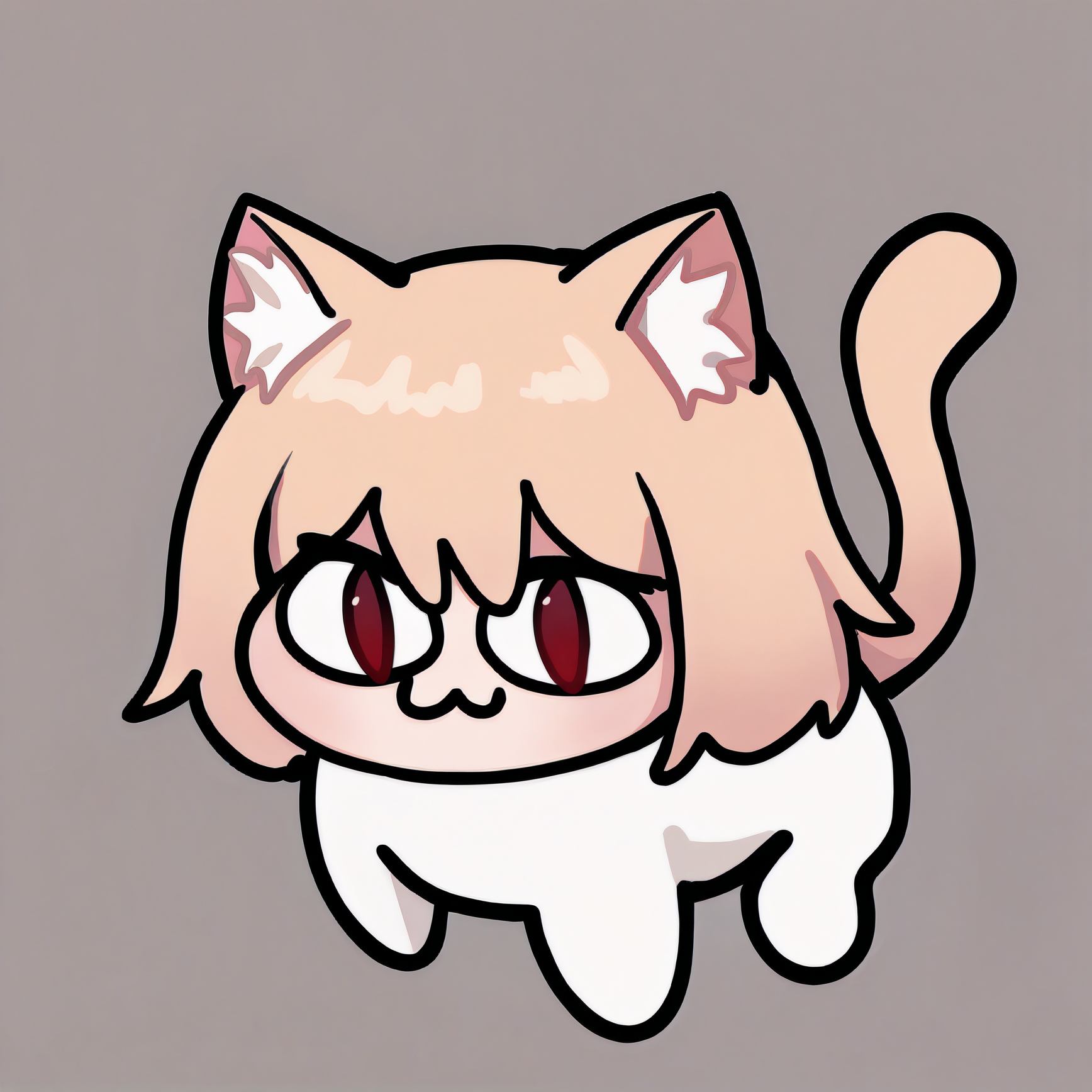 1girl, solo, 
masterpiece, best quality, <lora:necoarc-guy90-Illust-LoraV1:1>, cracen, animal ears, short hair, blonde hair, :3, cat girl, cat tail, red eyes, slit pupils, chibi, animal ear fluff, white sweater, <lora:doro_xypher_ixl_v1:1> doro, no pupils, solid circle eyes, full body, white skin, all fours, simple background, white background, wall-eyed