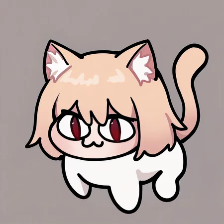 1girl, solo, 
masterpiece, best quality, <lora:necoarc-guy90-Illust-LoraV1:1>, cracen, animal ears, short hair, blonde hair, :3, cat girl, cat tail, red eyes, slit pupils, chibi, animal ear fluff, white sweater, <lora:doro_xypher_ixl_v1:1> doro, no pupils, solid circle eyes, full body, white skin, all fours, simple background, white background, wall-eyed