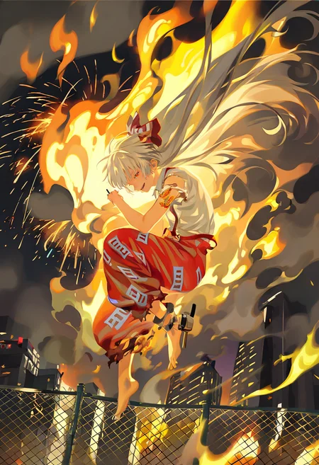 1girl, fujiwara no mokou, solo, red pants, fire, shirt, bow, hair bow, pants, white shirt, fence, ofuda, suspenders, long hair, open mouth, red bow, red eyes, night, white hair, smile, fireworks, ofuda on clothes, looking at viewer, smoke, short sleeves, baggy pants, cigarette, full body, tattoo, outdoors, pyrokinesis, building, from side, burning, torn sleeves, holding, white bow, floating hair, dated, barefoot, teeth, night sky, collared shirt, :d, shoes, chain-link fence <lora:reiXL_NB11_lokr_V6311P:0.95>