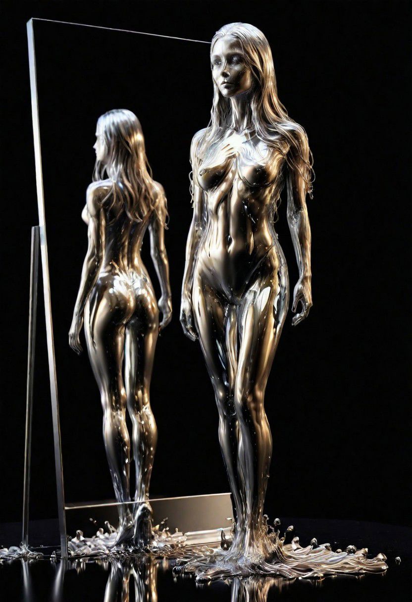 (masterpiece,best quality,ultra-detailed,best illustration:1.3), 1woman, melting, smooth shiny full length metal body, reflection mirror finish, shiny, smooth liquid metal long hair, simple black background