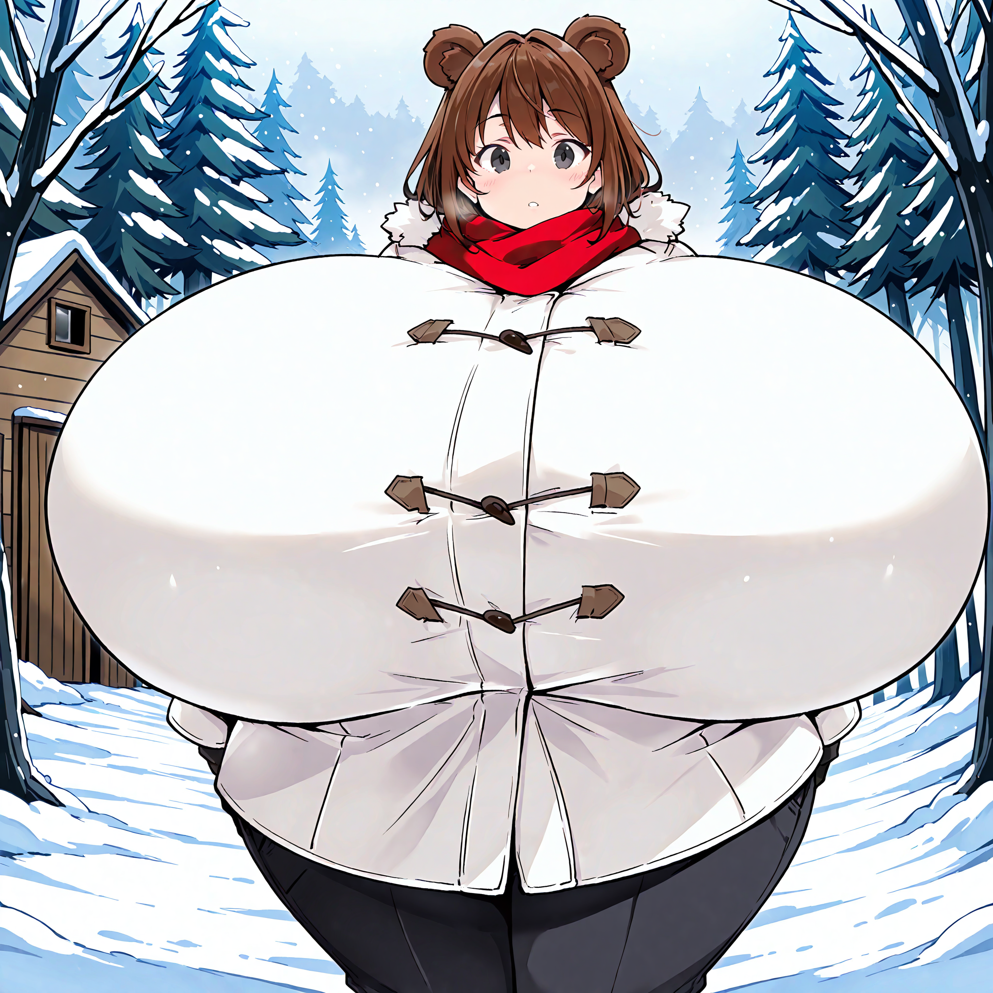 (masterpiece), best quality, (highly detailed), 1female, solo,  <lora:Kurocaze_Style Illustrious:0.8>, bear ears, brown hair, black eyes, hyper breasts, wide hips, white winter coat, pants, fitting clothes, forest, snow, cabin, red scarf, looking at viewer, blank expression,