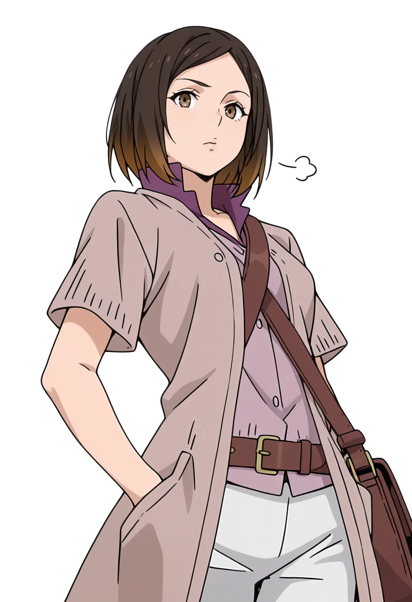 Smooth Quality,masterpiece,very intricate, high quality details, ultra realistic, high detailed skin,detailed enviorement,absurdres,
simple background, white background,solo,
walking pose, one hand in pocket, head slightly turned, casual stride, confident aura, ,from below,sigh,
<lora:Kirara_Mizutani_cnn:0.8> 1girl, short hair, brown hair, multicolored hair, two-tone hair, brown eyes, at viewer, upper body,shirt, short sleeves, collared shirt, coat, pants, purple shirt,brown belt, shoulder bag,