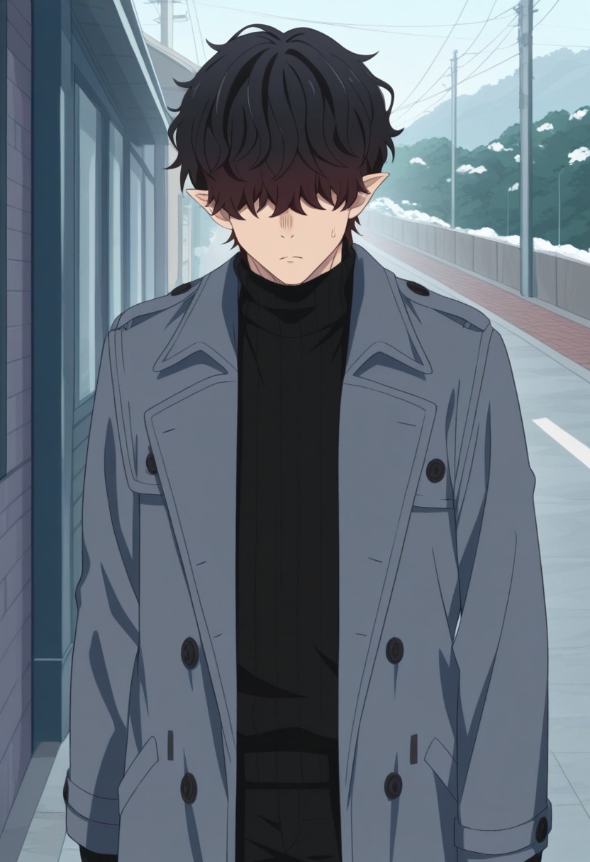 masterpiece,best quality,amazing quality, source_anime, 
Warumonosan, 1boy, male focus, solo, pointy ears, hair over eyes, brown hair, sweater, black sweater, turtleneck, coat, grey coat, open coat,
outdoor,