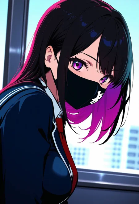 1girl, metro, Smooth_Quality, school uniform, vivid colors, face mask, adult, medium breasts
